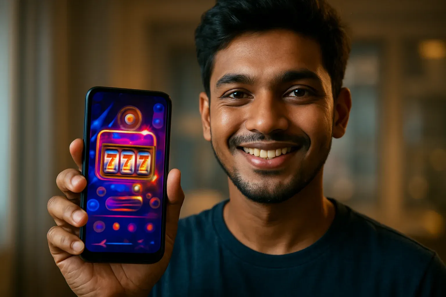 Young Bangladeshi man holding smartphone showing colorful casino app interface