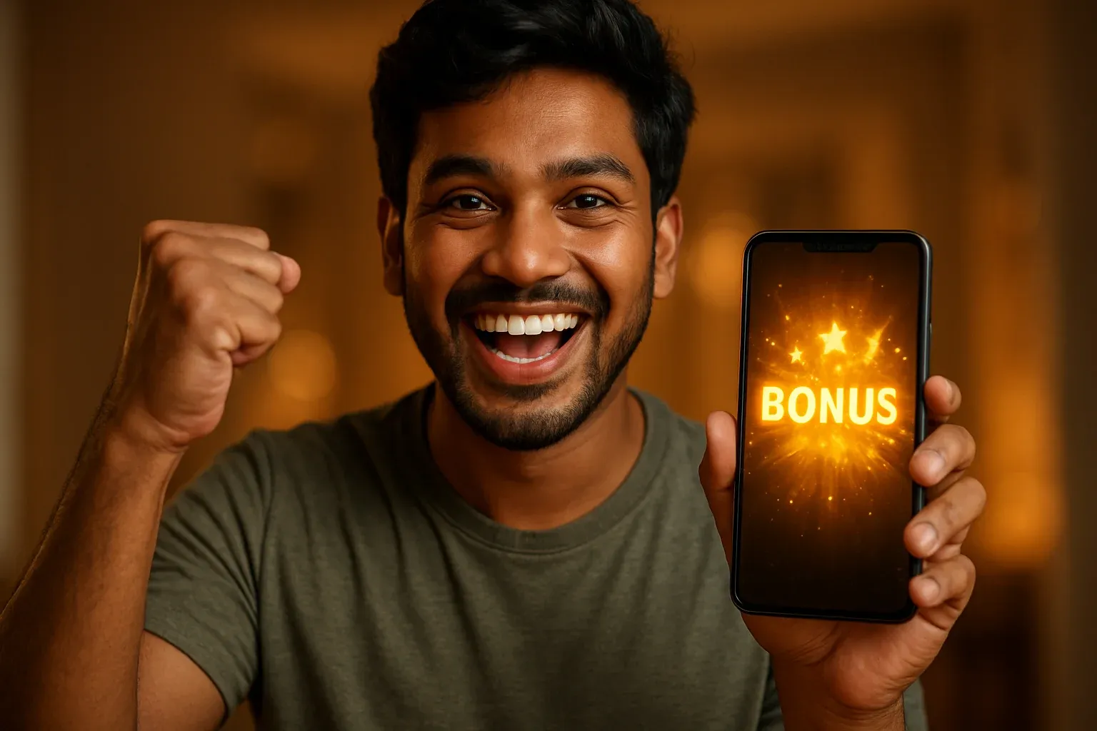 Joyful Bangladeshi man holding smartphone with glowing bonus notification