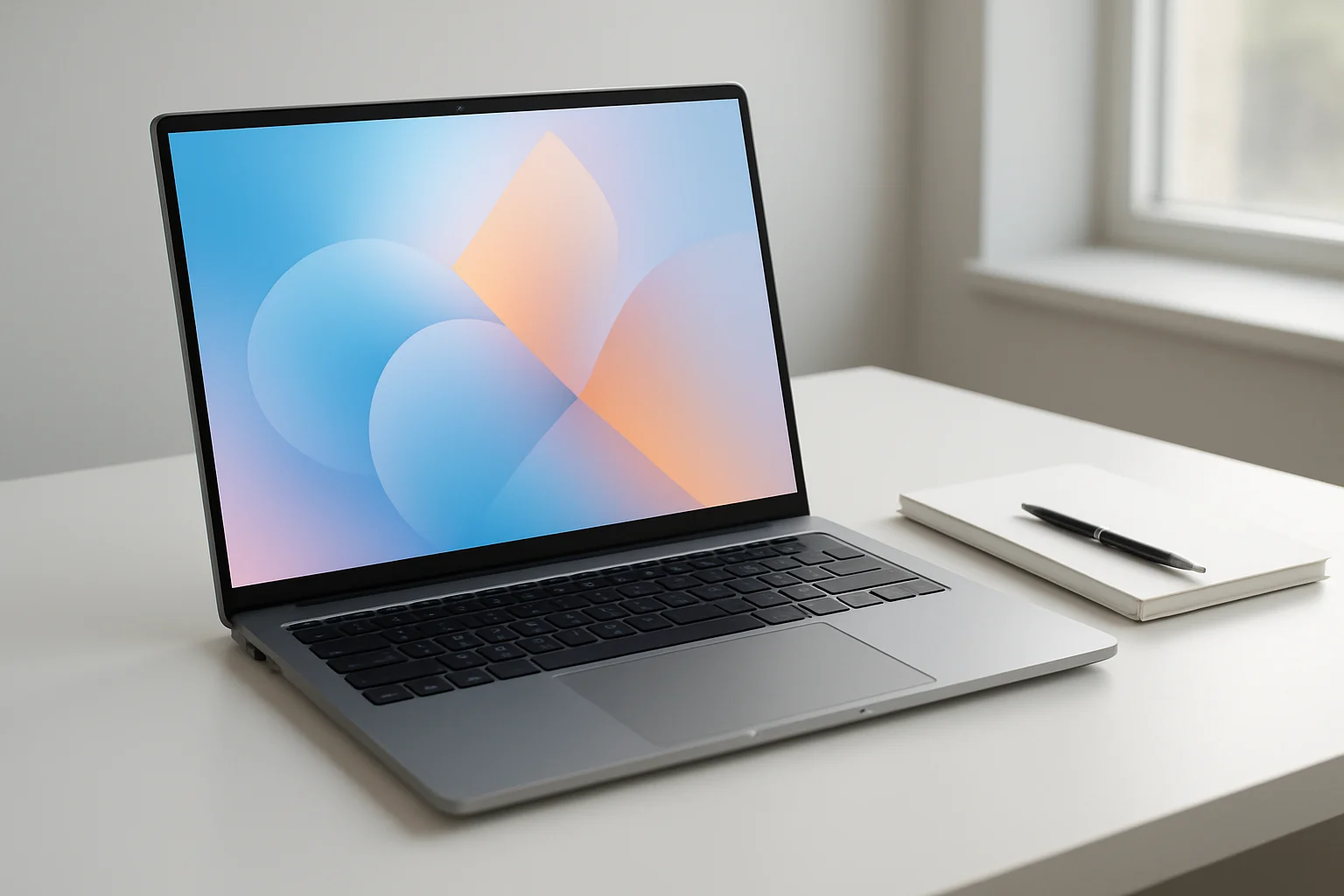 Modern laptop on white desk with pen and notepad in daylight