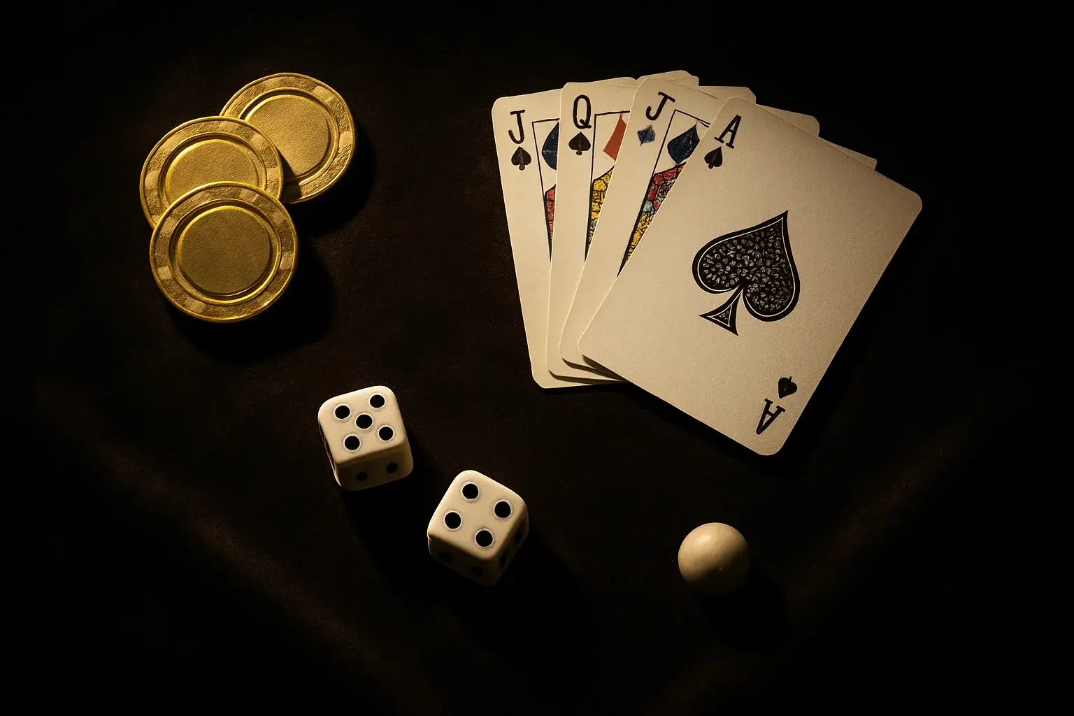 Golden casino chips, cards, dice, and roulette ball on dark velvet