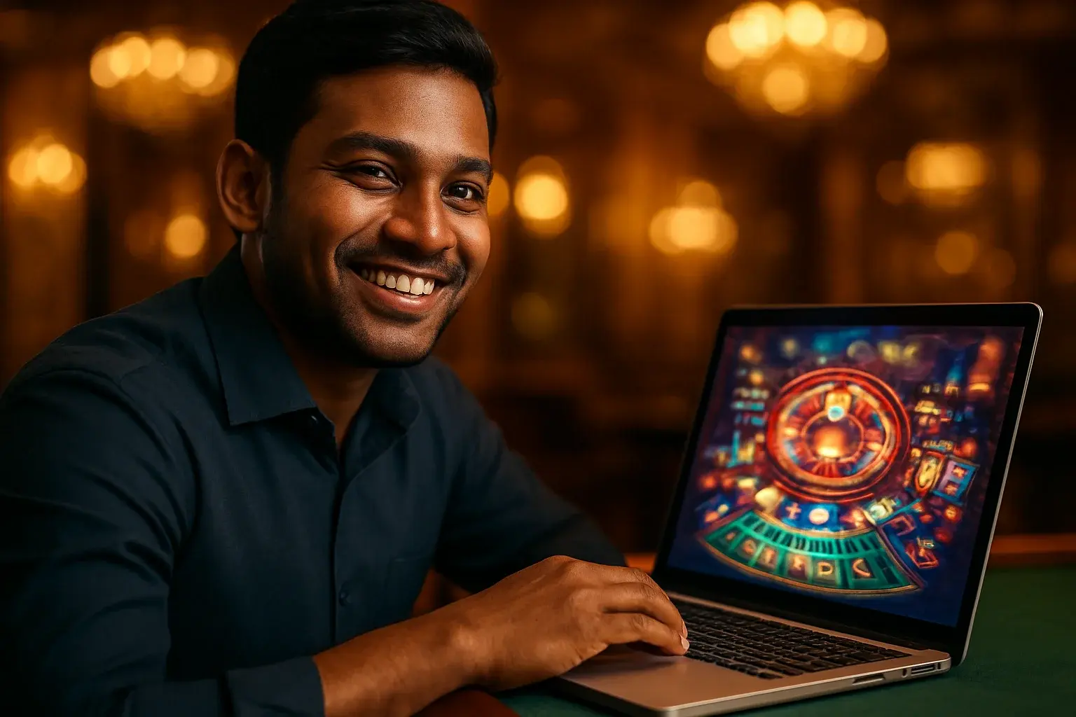 Cheerful Bangladeshi man with open laptop at premium casino lounge