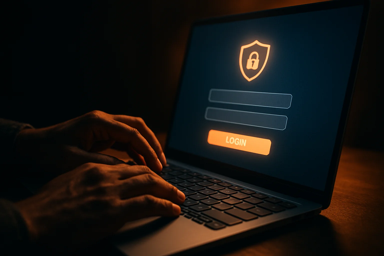 Bangladeshi man's hands on laptop showing stylized login screen