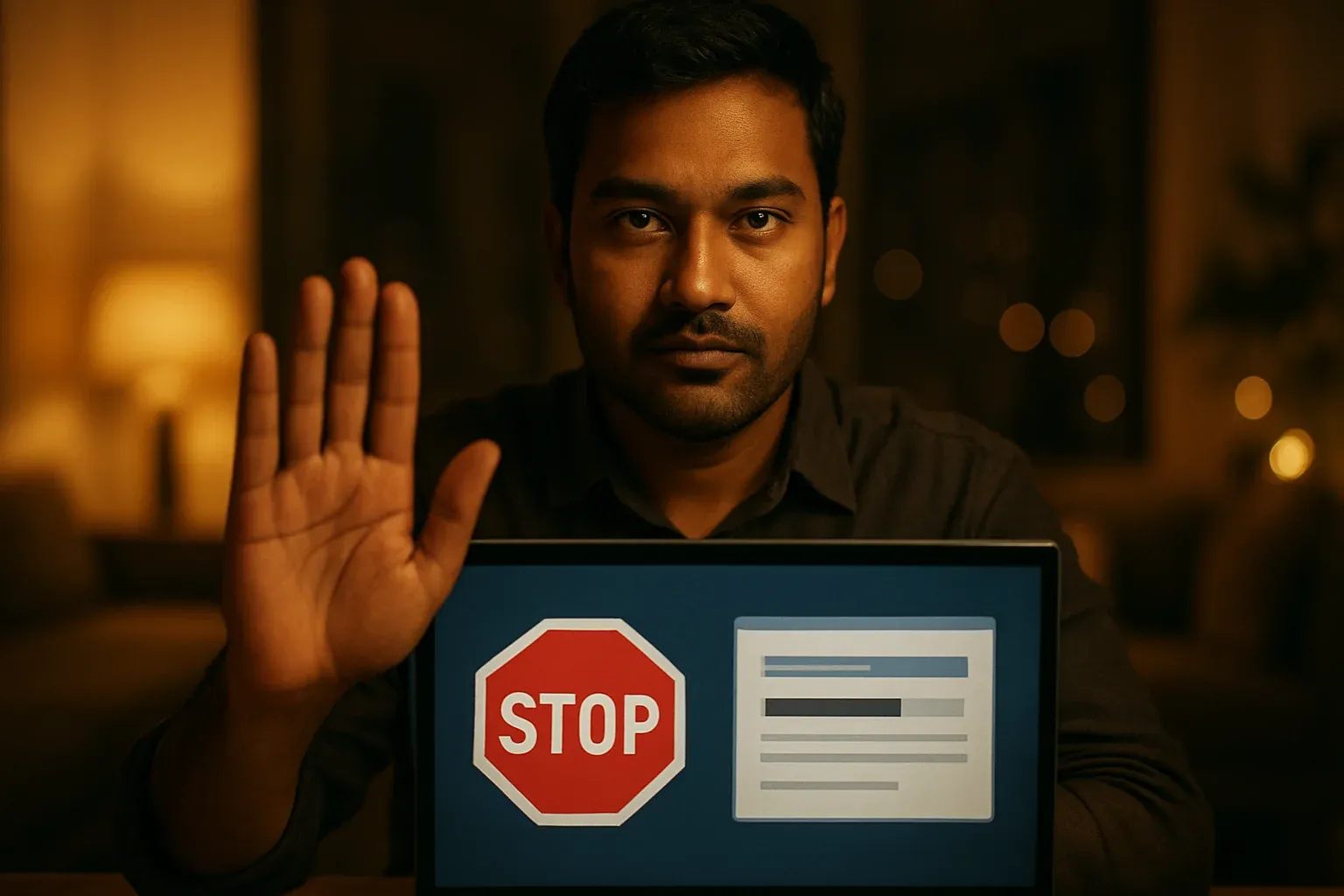 Bangladeshi man shows stop gesture beside laptop with responsible gambling shield icon