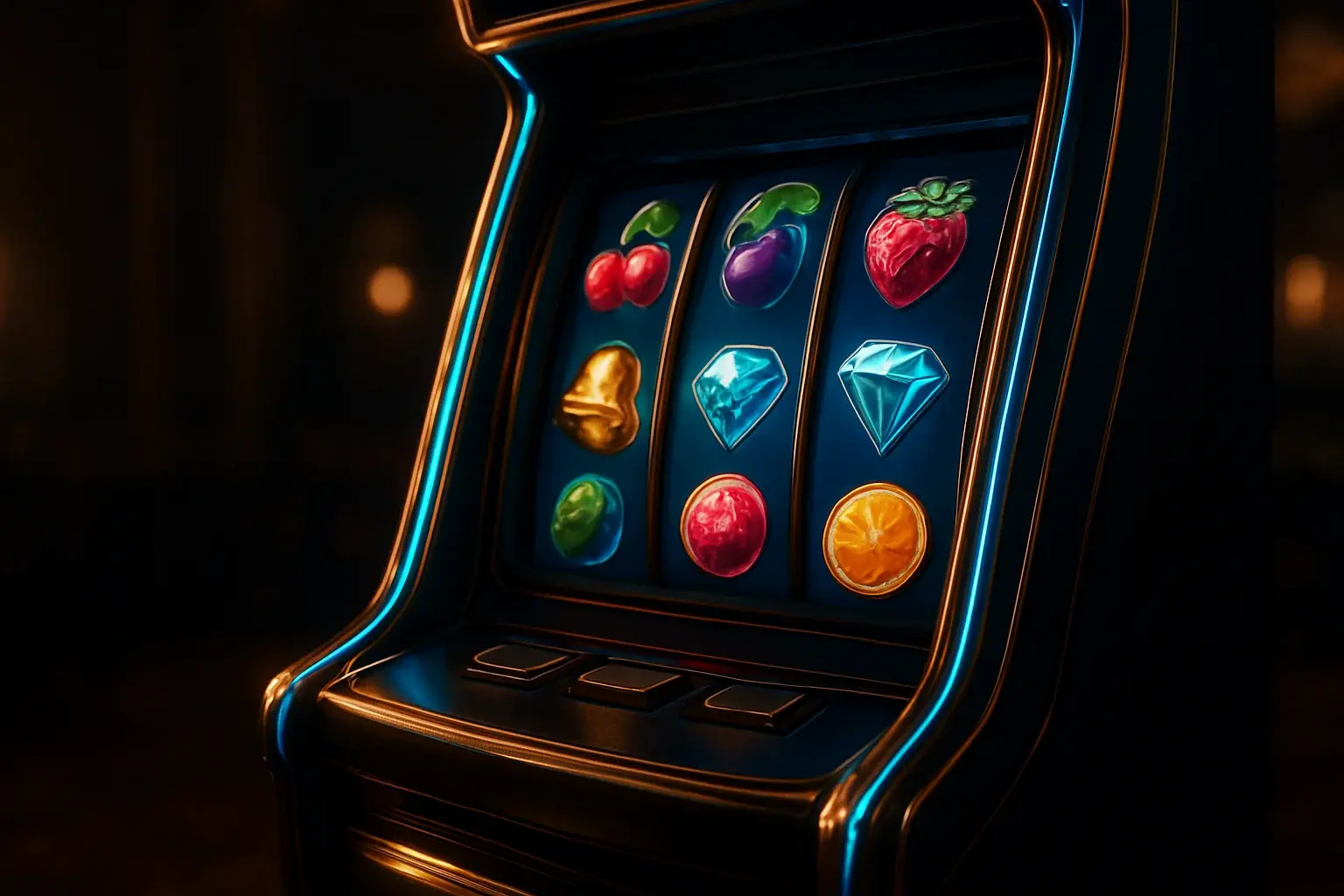 Hyperrealistic premium slot machine with glowing reels in a dark luxury casino